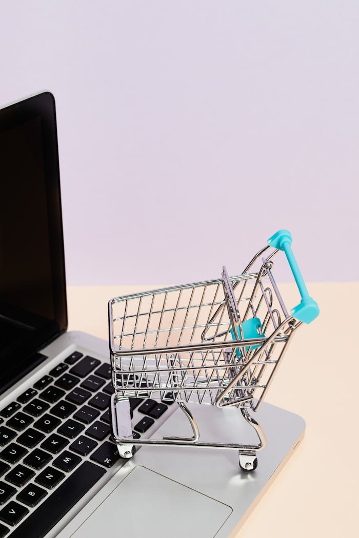 social-feed-img-05 Mini shopping cart on a laptop symbolizes online shopping and e-commerce themes.